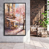 Blossoming Cherry Street Scence Springtime Serenade, Café Spring Watercolor, Framed Canvas Print, Floating Frame