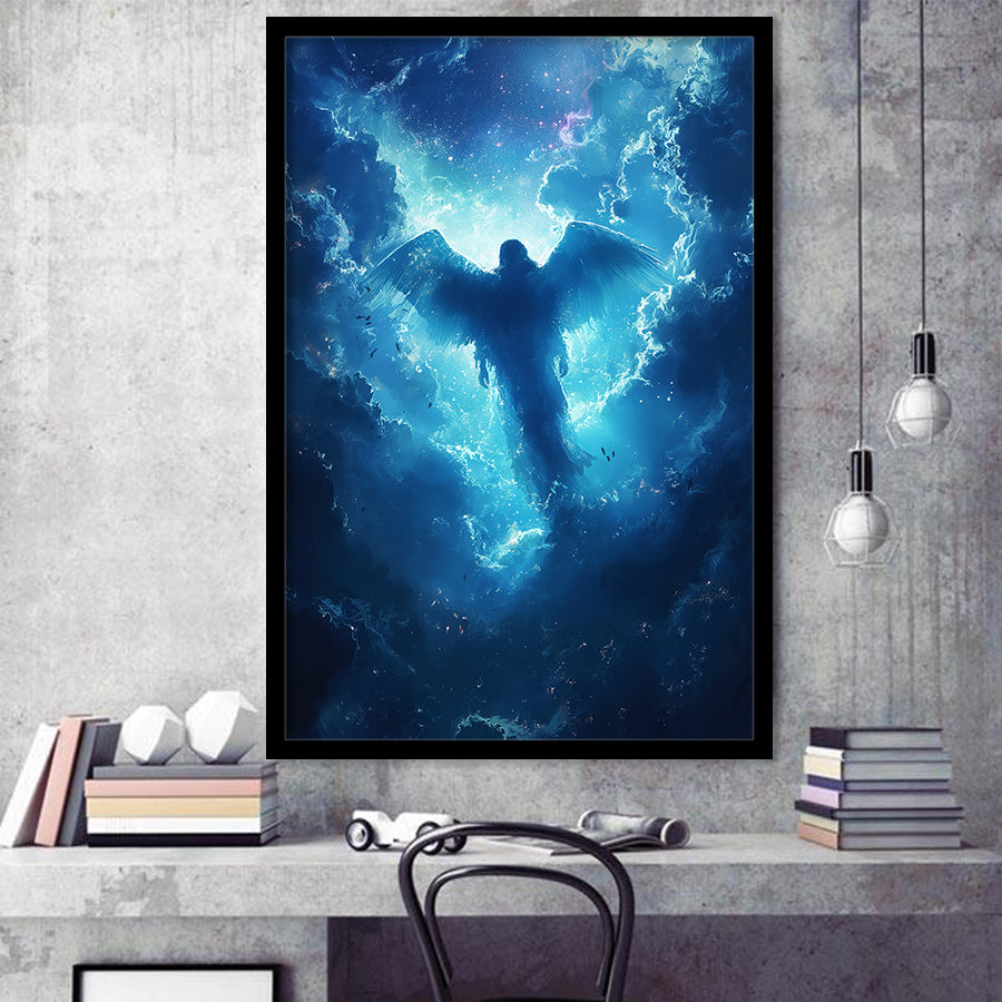 Blue Angel Flying In Heaven Painting, Framed Art Prints Wall Art Decor, Framed Picture Print