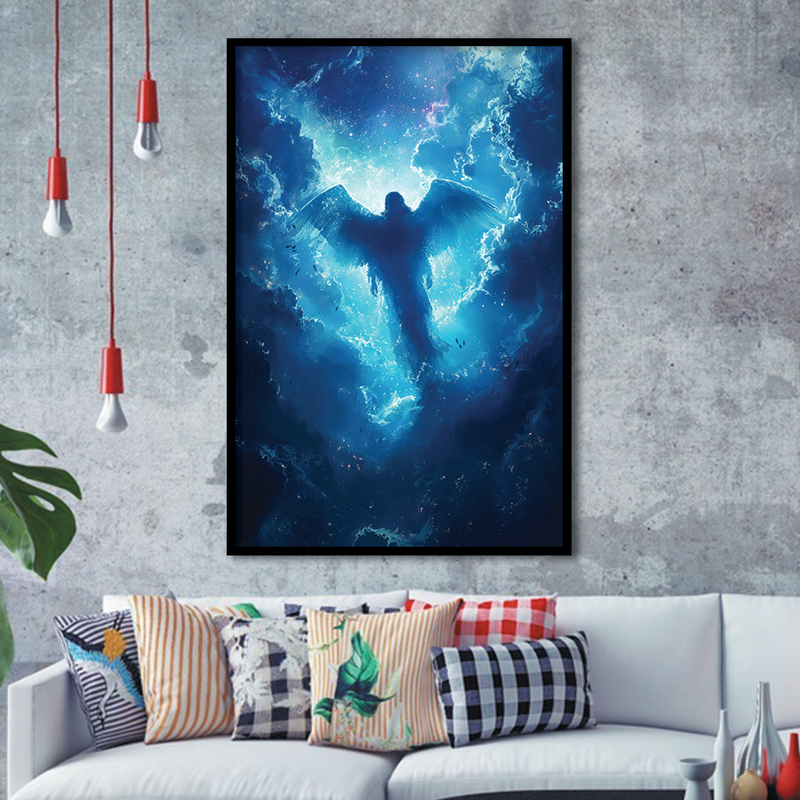 Blue Angel Flying In Heaven Painting, Framed Art Prints Wall Art Decor, Framed Picture Print