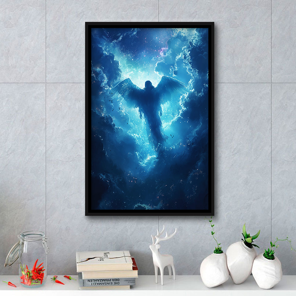 Blue Angel Flying In Heaven Painting, Framed Canvas Prints Wall Art Decor, Floating Frame