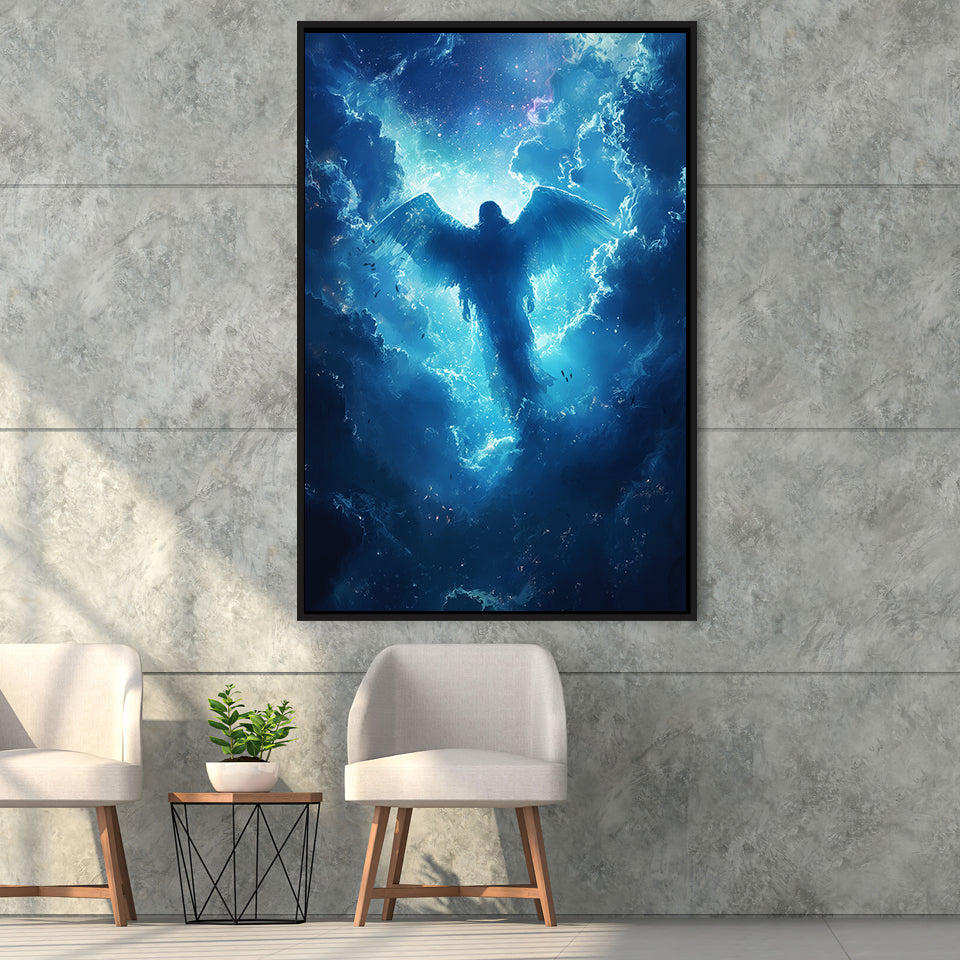 Blue Angel Flying In Heaven Painting, Framed Canvas Prints Wall Art Decor, Floating Frame