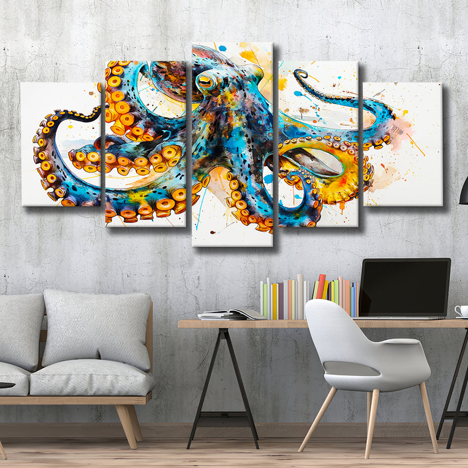 Blue Octopus Watercolor Painting, Mixed 5 Panel Canvas Print Wall Art Home Decor, Large Canvas Painting