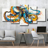 Blue Octopus Watercolor Painting, Mixed 5 Panel Canvas Print Wall Art Home Decor, Large Canvas Painting
