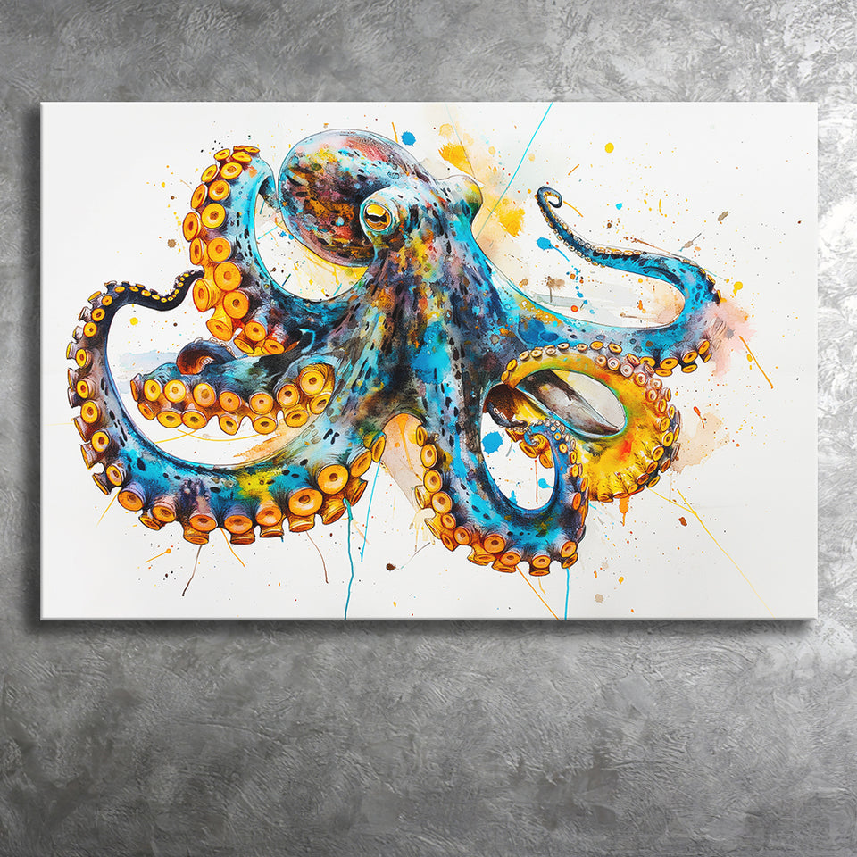 Blue Octopus Watercolor Painting, Canvas Print Wall Art Home Decor, Painting Canvas Art Print