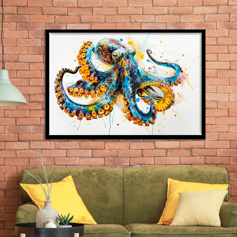 Blue Octopus Watercolor Painting, Framed Art Print Wall Decor, Picture Framed Painting Art
