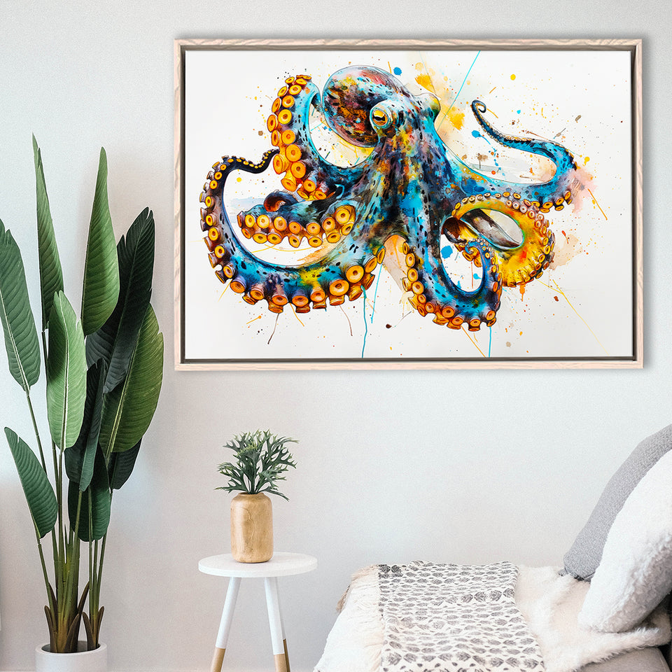Blue Octopus Watercolor Painting, Framed Canvas Print Wall Art Decor, Floating Frame Painting Canvas