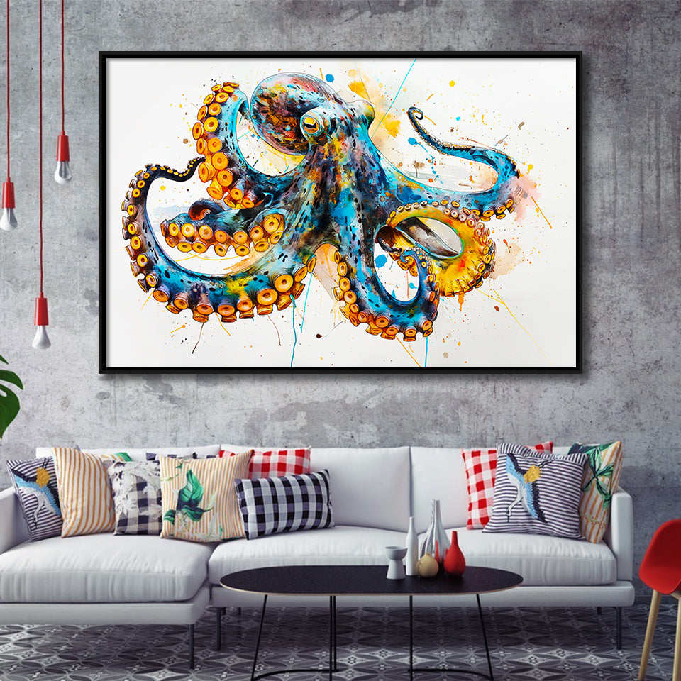 Blue Octopus Watercolor Painting, Framed Canvas Print Wall Art Decor, Floating Frame Painting Canvas