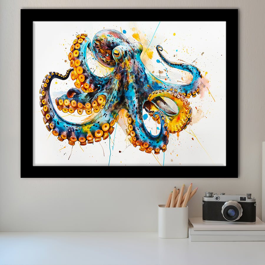Blue Octopus Watercolor Painting, Framed Art Print Wall Decor, Picture Framed Painting Art