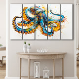 Blue Octopus Watercolor Painting, Mixed 5 Panel B Canvas Print Wall Art Decor, Extra Large Painting Canvas