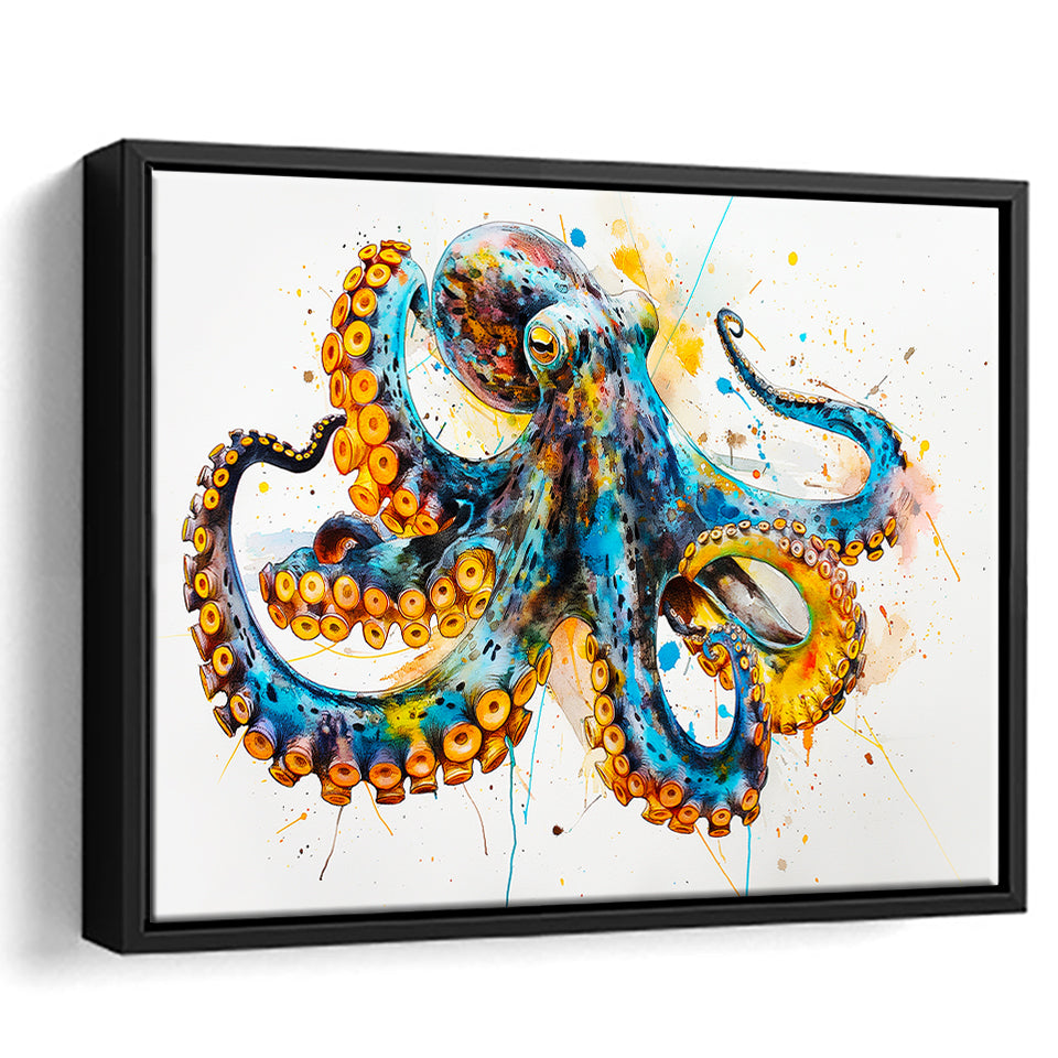 Blue Octopus Watercolor Painting, Framed Canvas Print Wall Art Decor, Floating Frame Painting Canvas