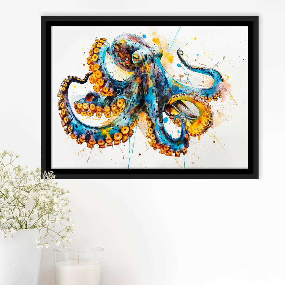 Blue Octopus Watercolor Painting, Framed Canvas Print Wall Art Decor, Floating Frame Painting Canvas