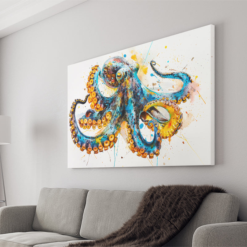 Blue Octopus Watercolor Painting, Canvas Print Wall Art Home Decor, Painting Canvas Art Print