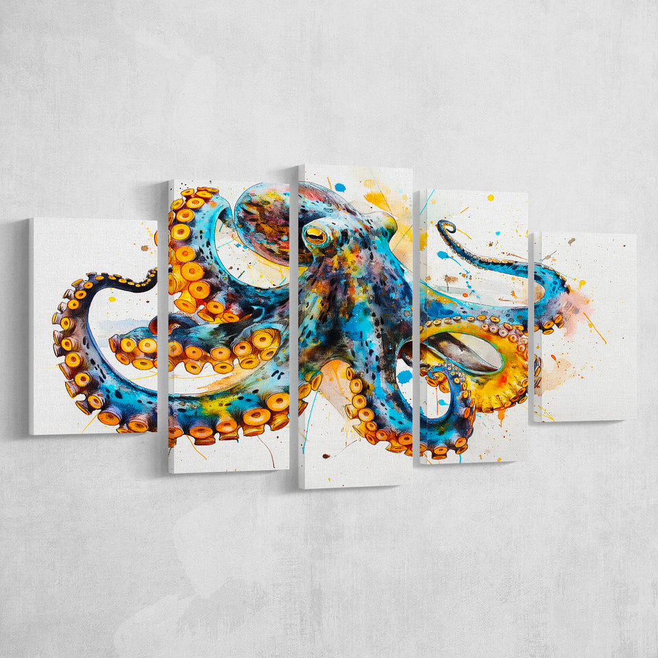 Blue Octopus Watercolor Painting, Mixed 5 Panel Canvas Print Wall Art Home Decor, Large Canvas Painting