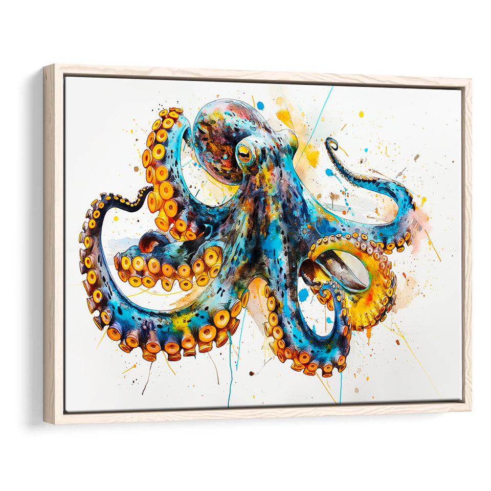 Blue Octopus Watercolor Painting, Framed Canvas Print Wall Art Decor, Floating Frame Painting Canvas