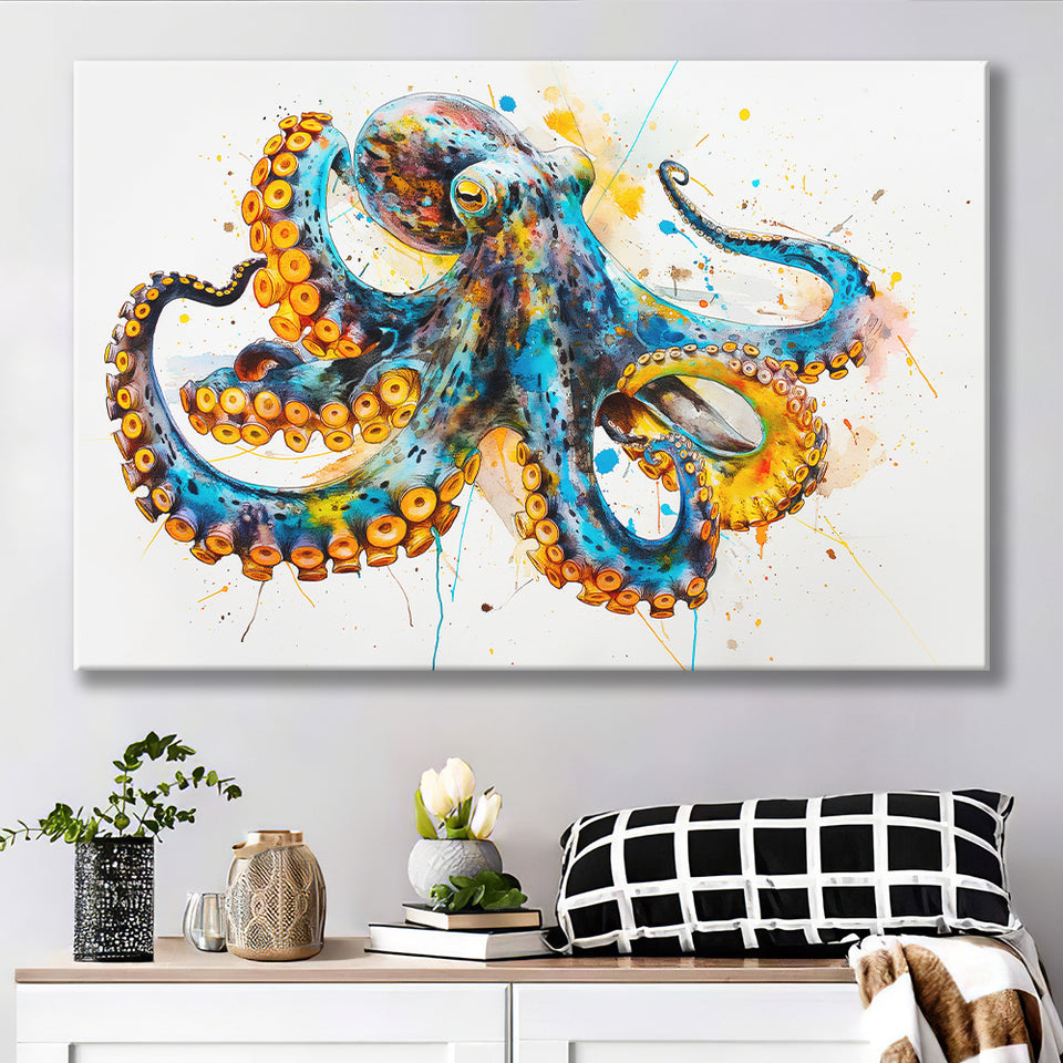Blue Octopus Watercolor Painting, Canvas Print Wall Art Home Decor, Painting Canvas Art Print