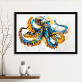 Blue Octopus Watercolor Painting, Framed Canvas Print Wall Art Decor, Floating Frame Painting Canvas