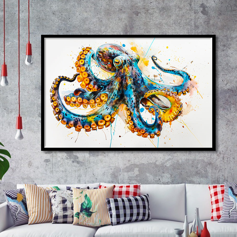 Blue Octopus Watercolor Painting, Framed Art Print Wall Decor, Picture Framed Painting Art