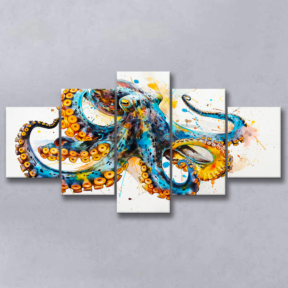 Blue Octopus Watercolor Painting, Mixed 5 Panel Canvas Print Wall Art Home Decor, Large Canvas Painting