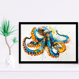 Blue Octopus Watercolor Painting, Framed Art Print Wall Decor, Picture Framed Painting Art