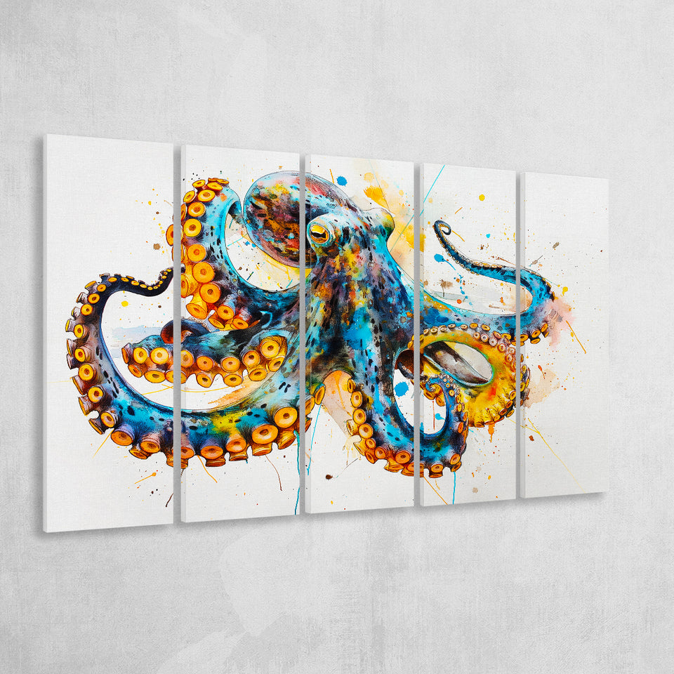 Blue Octopus Watercolor Painting, Mixed 5 Panel B Canvas Print Wall Art Decor, Extra Large Painting Canvas