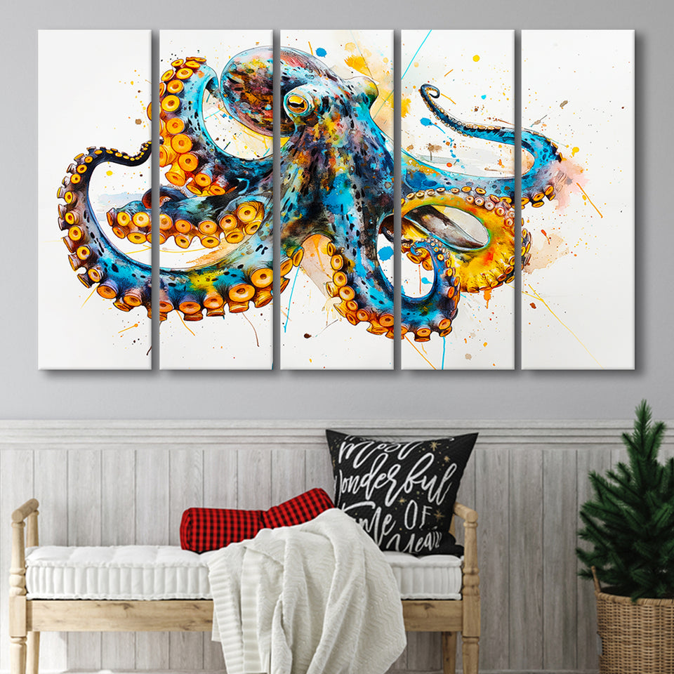 Blue Octopus Watercolor Painting, Mixed 5 Panel B Canvas Print Wall Art Decor, Extra Large Painting Canvas