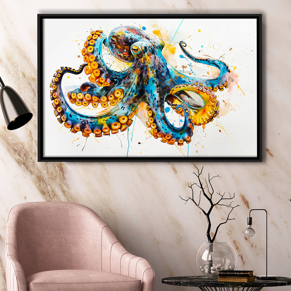 Blue Octopus Watercolor Painting, Framed Canvas Print Wall Art Decor, Floating Frame Painting Canvas