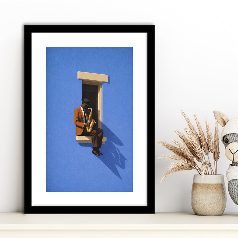 Bold Minimalist Blue Afrocentric, Jazz Wall Art, Aesthetic Home Decor Painting, Framed Art Print White Border