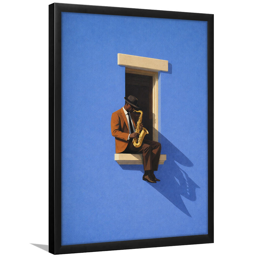 Bold Minimalist Blue Afrocentric, Jazz Wall Art, Aesthetic Home Decor Painting, Framed Art Print, Fine Art Wall Decor