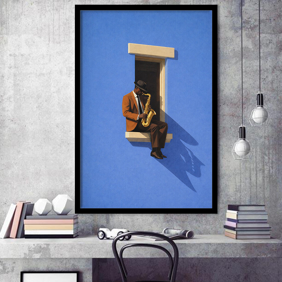 Bold Minimalist Blue Afrocentric, Jazz Wall Art, Aesthetic Home Decor Painting, Framed Art Print, Fine Art Wall Decor