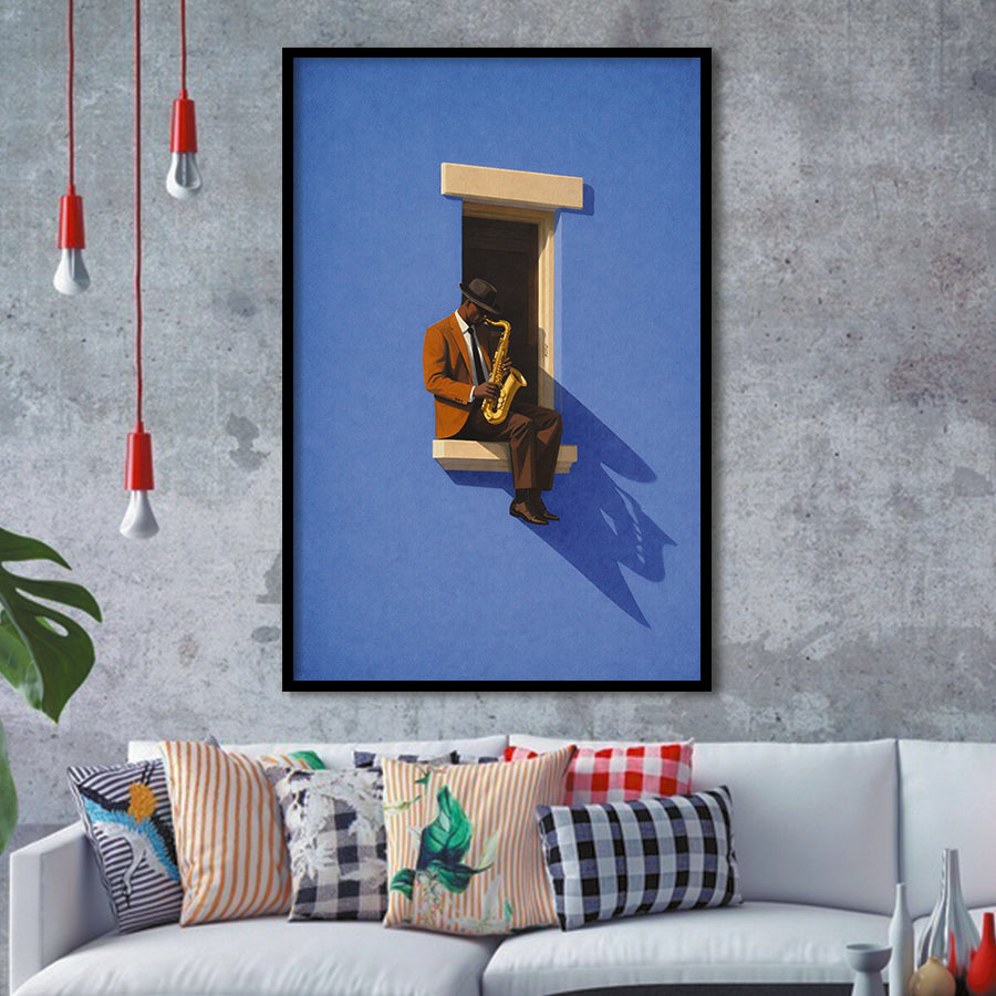 Bold Minimalist Blue Afrocentric, Jazz Wall Art, Aesthetic Home Decor Painting, Framed Art Print, Fine Art Wall Decor