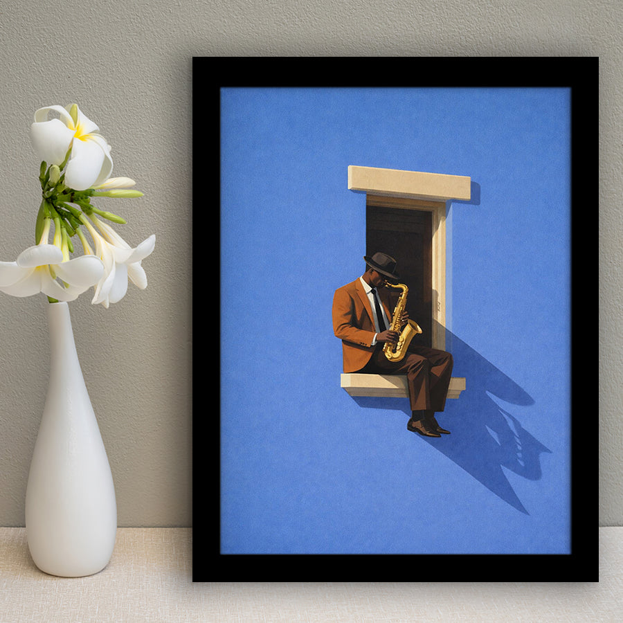 Bold Minimalist Blue Afrocentric, Jazz Wall Art, Aesthetic Home Decor Painting, Framed Art Print, Fine Art Wall Decor