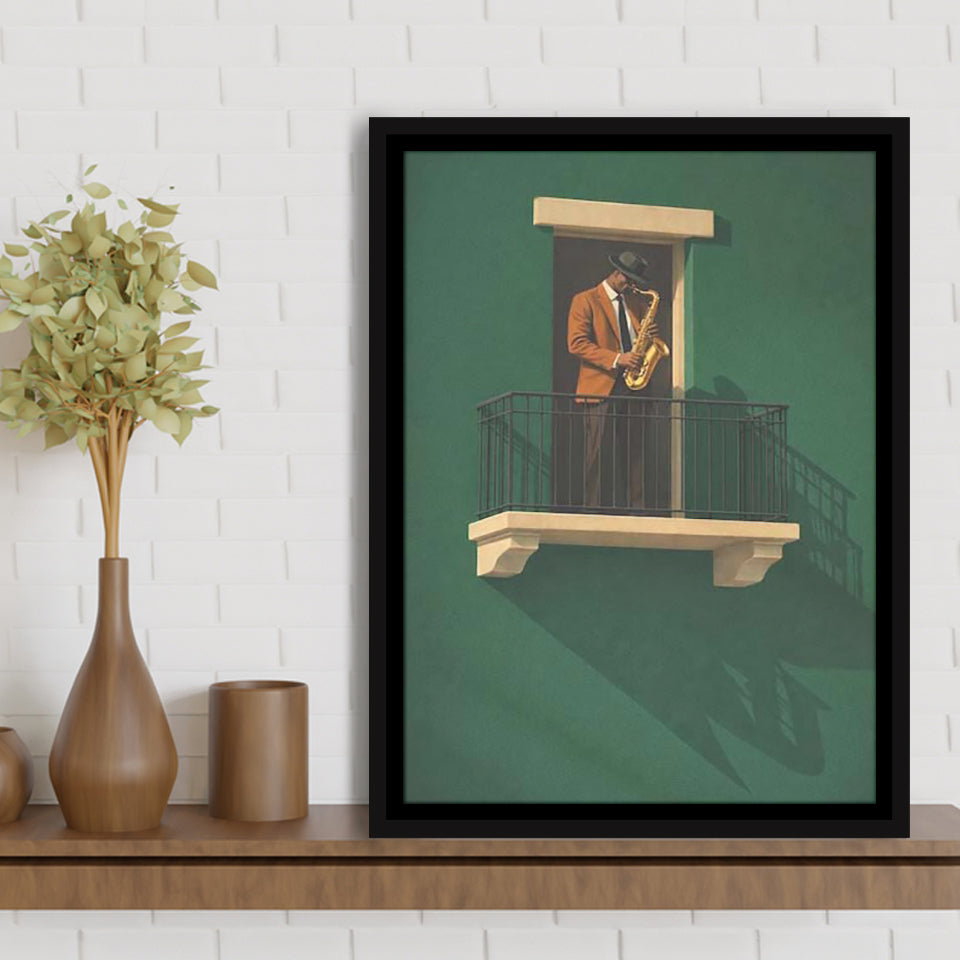 Bold Minimalist Sage Green Afrocentric, Jazz Wall Art, Aesthetic Home Decor Painting, Framed Canvas Print, Floating Frame