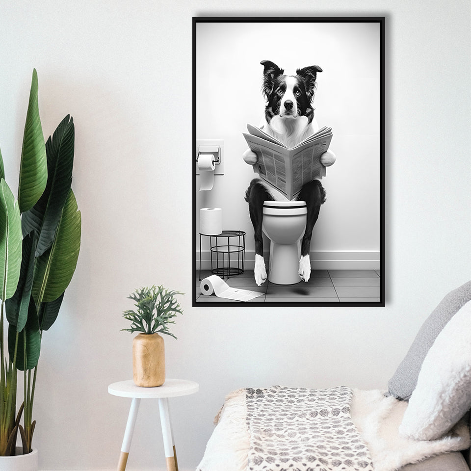 Border Collie Framed Canvas Prints Wall Art, Funny Bathroom Decor, Animal In Toilet