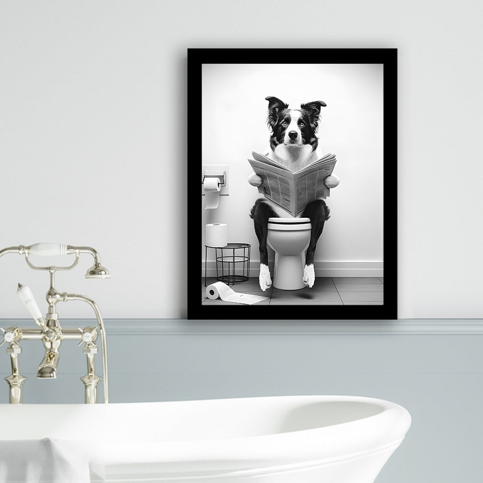 Border Collie Framed Art Print Wall Decor, Funny Bathroom Decor, Animal In Toilet