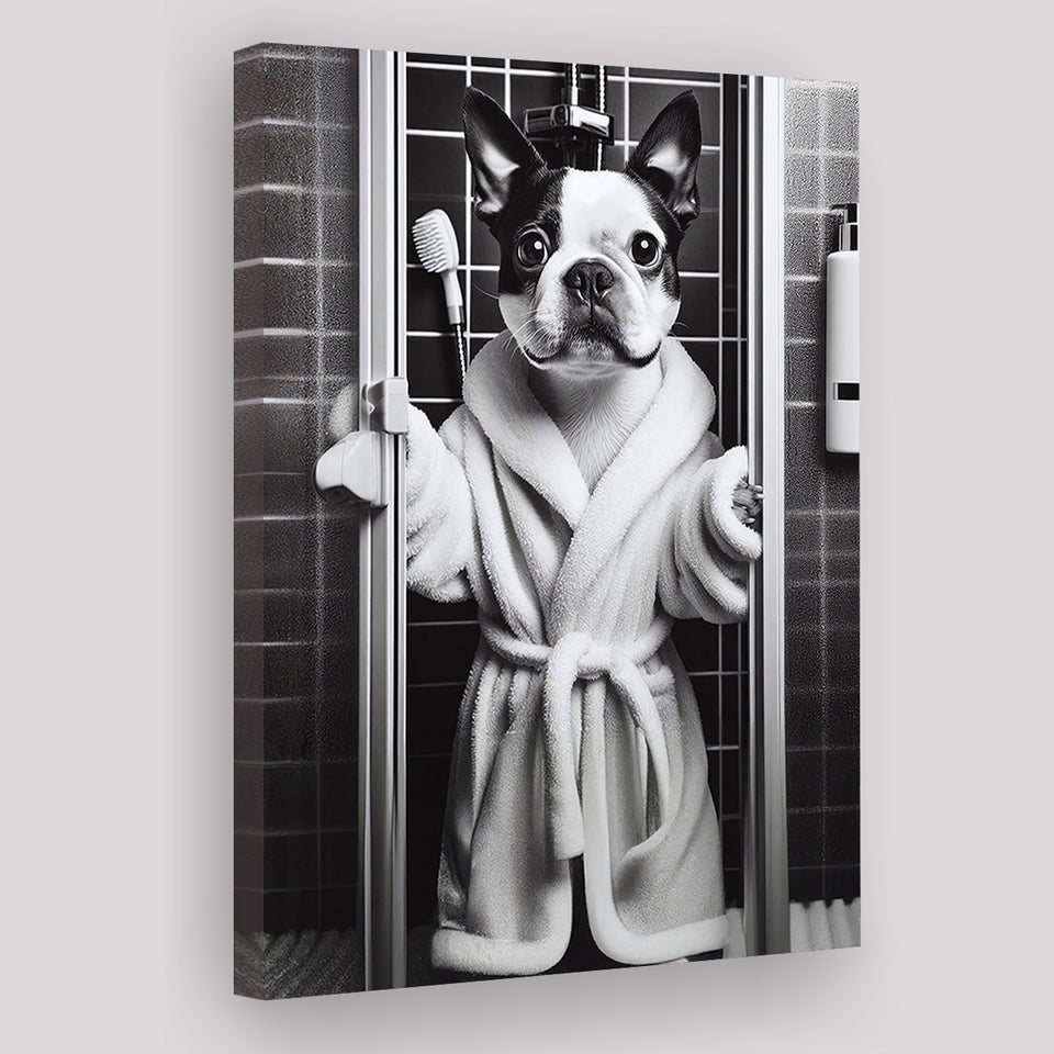 Boston Terrier Canvas Prints Wall Art, Bathroom Art Print, Boston Terrier in Toilet