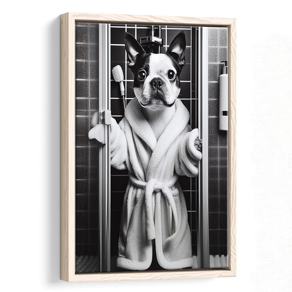 Boston Terrier Framed Canvas Prints Wall Art, Bathroom Framed Art Print, Boston Terrier In Toilet