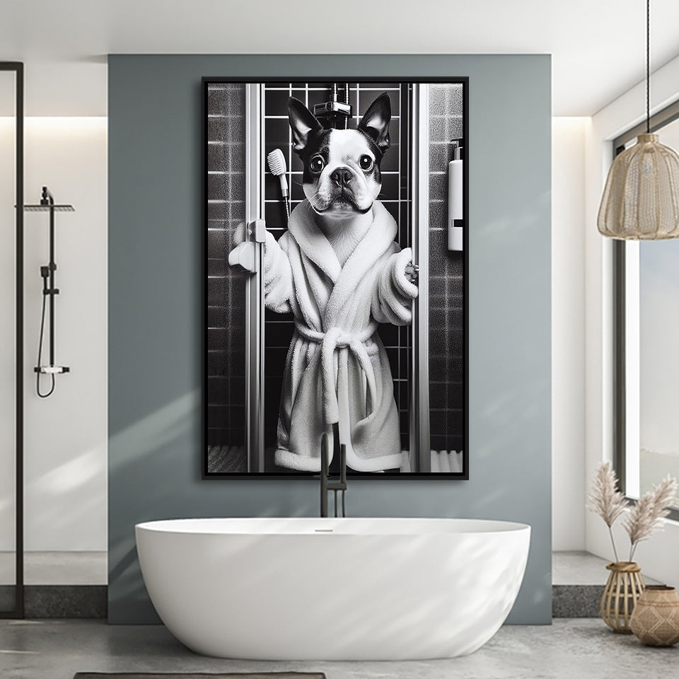 Boston Terrier Framed Canvas Prints Wall Art, Bathroom Framed Art Print, Boston Terrier In Toilet
