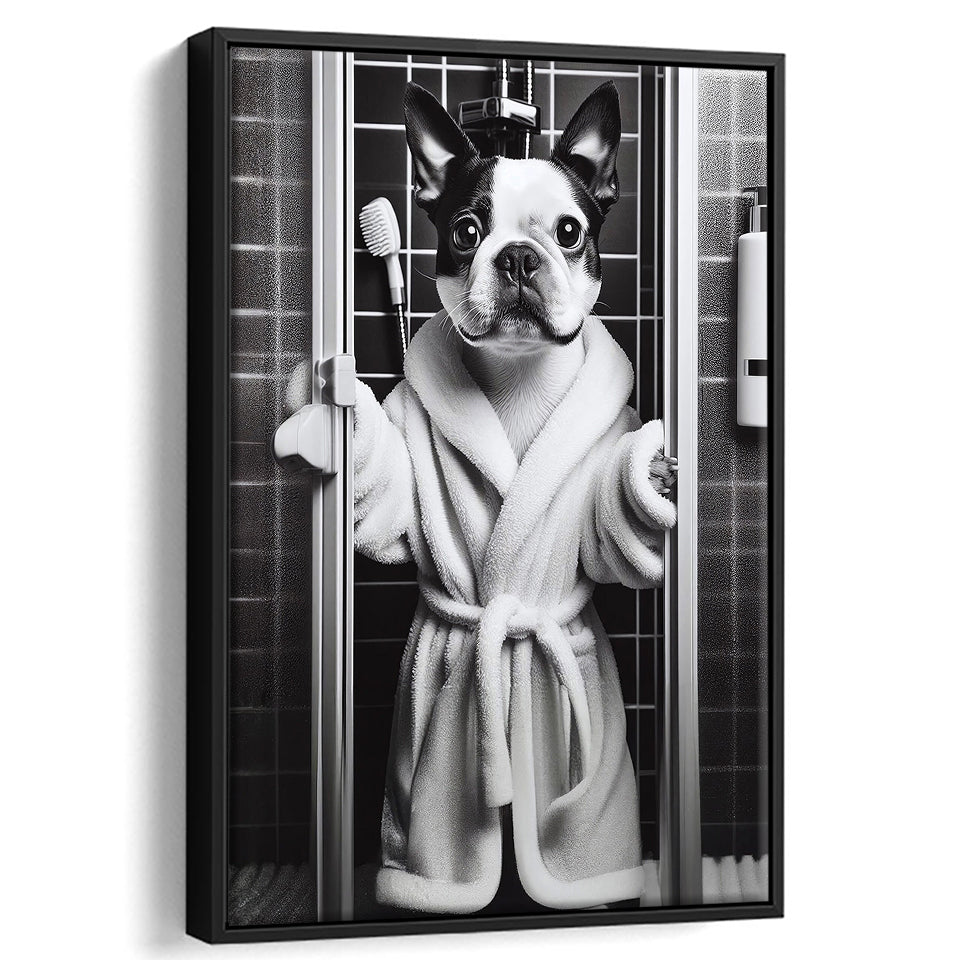 Boston Terrier Framed Canvas Prints Wall Art, Bathroom Framed Art Print, Boston Terrier In Toilet
