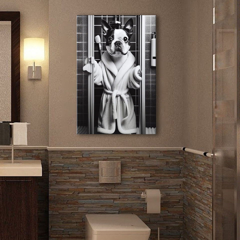 Boston Terrier Canvas Prints Wall Art, Bathroom Art Print, Boston Terrier in Toilet