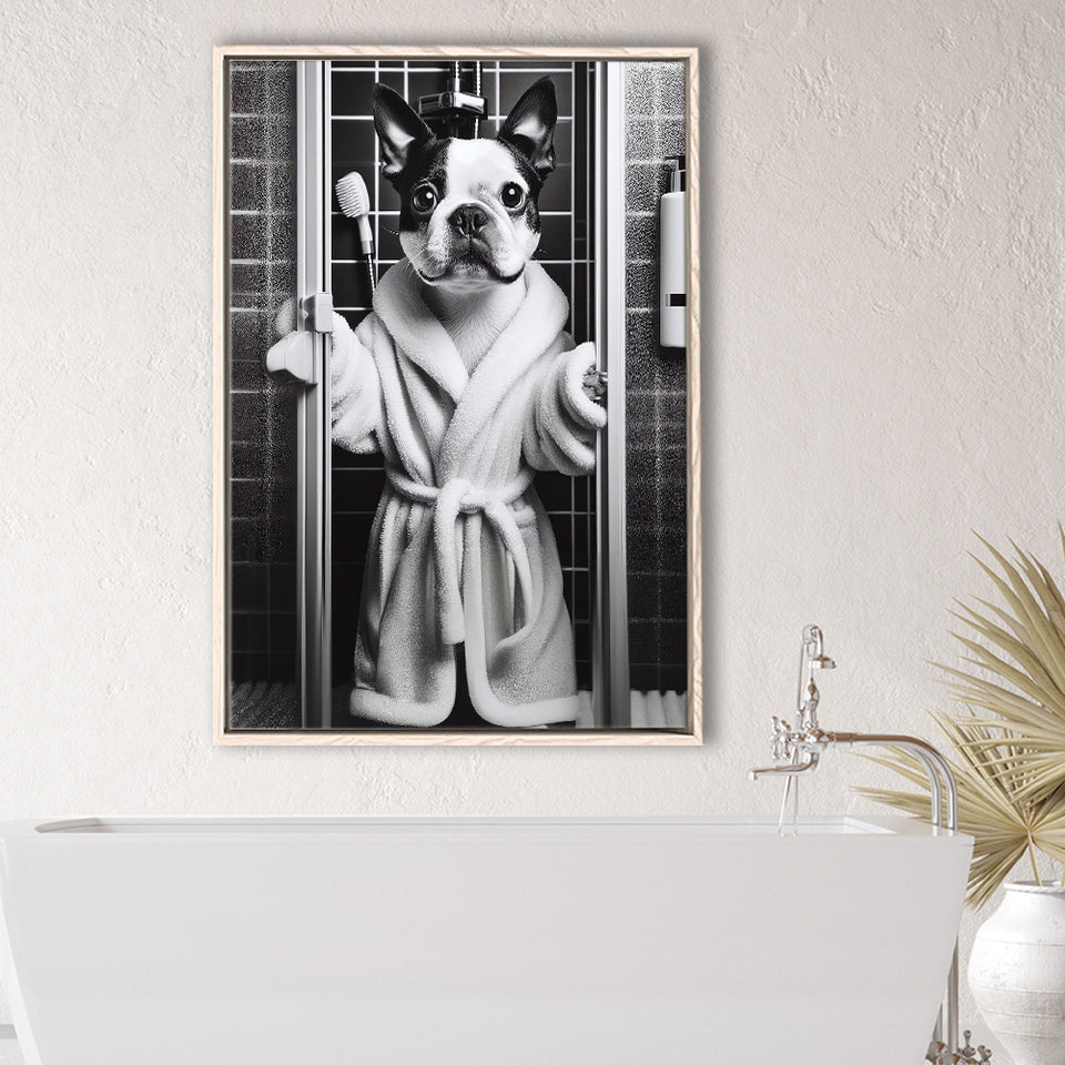 Boston Terrier Framed Canvas Prints Wall Art, Bathroom Framed Art Print, Boston Terrier In Toilet