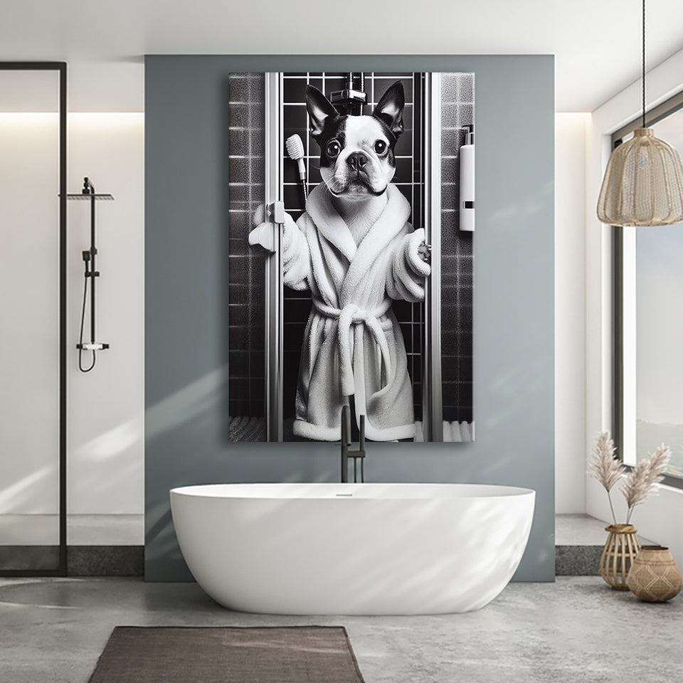 Boston Terrier Canvas Prints Wall Art, Bathroom Art Print, Boston Terrier in Toilet