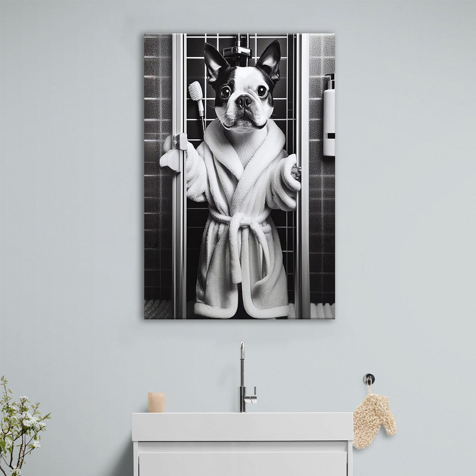 Boston Terrier Canvas Prints Wall Art, Bathroom Art Print, Boston Terrier in Toilet