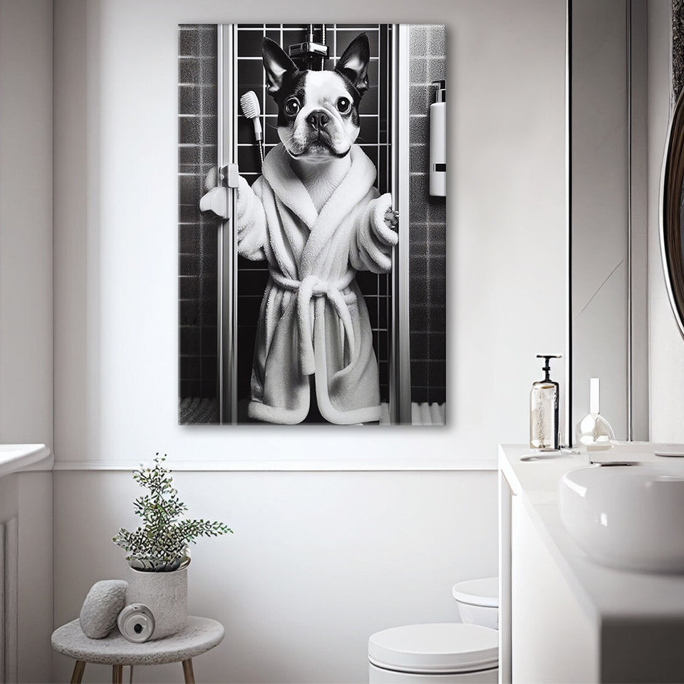 Boston Terrier Canvas Prints Wall Art, Bathroom Art Print, Boston Terrier in Toilet
