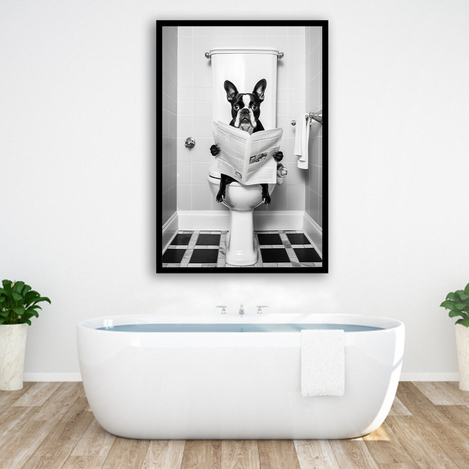 Boston Terrier Framed Art Print Wall Decor, Funny Bathroom Decor, Animal In Toilet