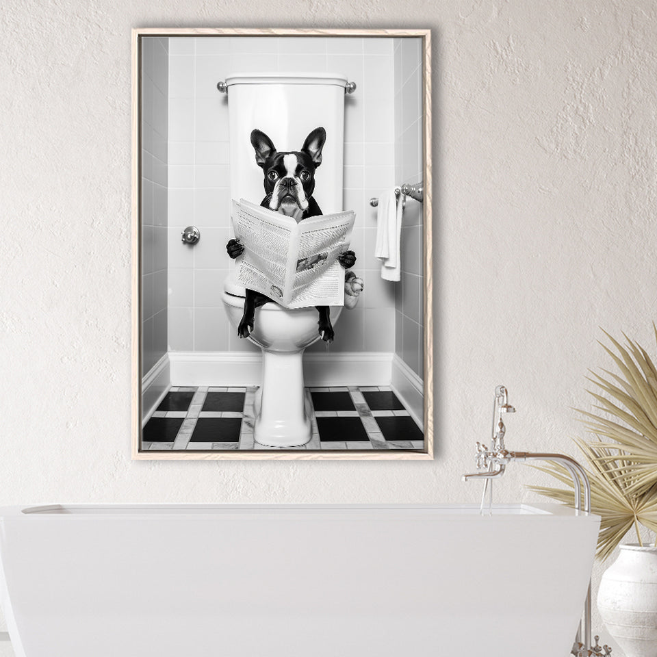 Boston Terrier Framed Canvas Prints Wall Art, Funny Bathroom Decor, Animal In Toilet