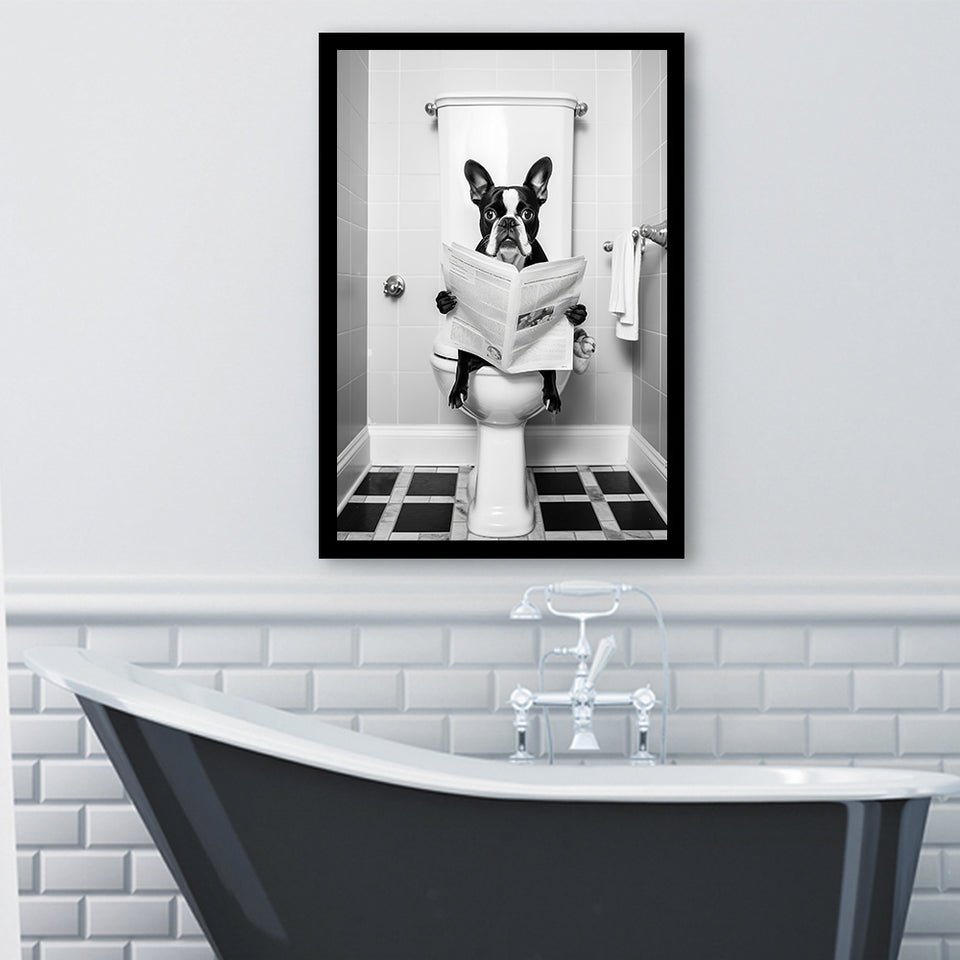 Boston Terrier Framed Art Print Wall Decor, Funny Bathroom Decor, Animal In Toilet