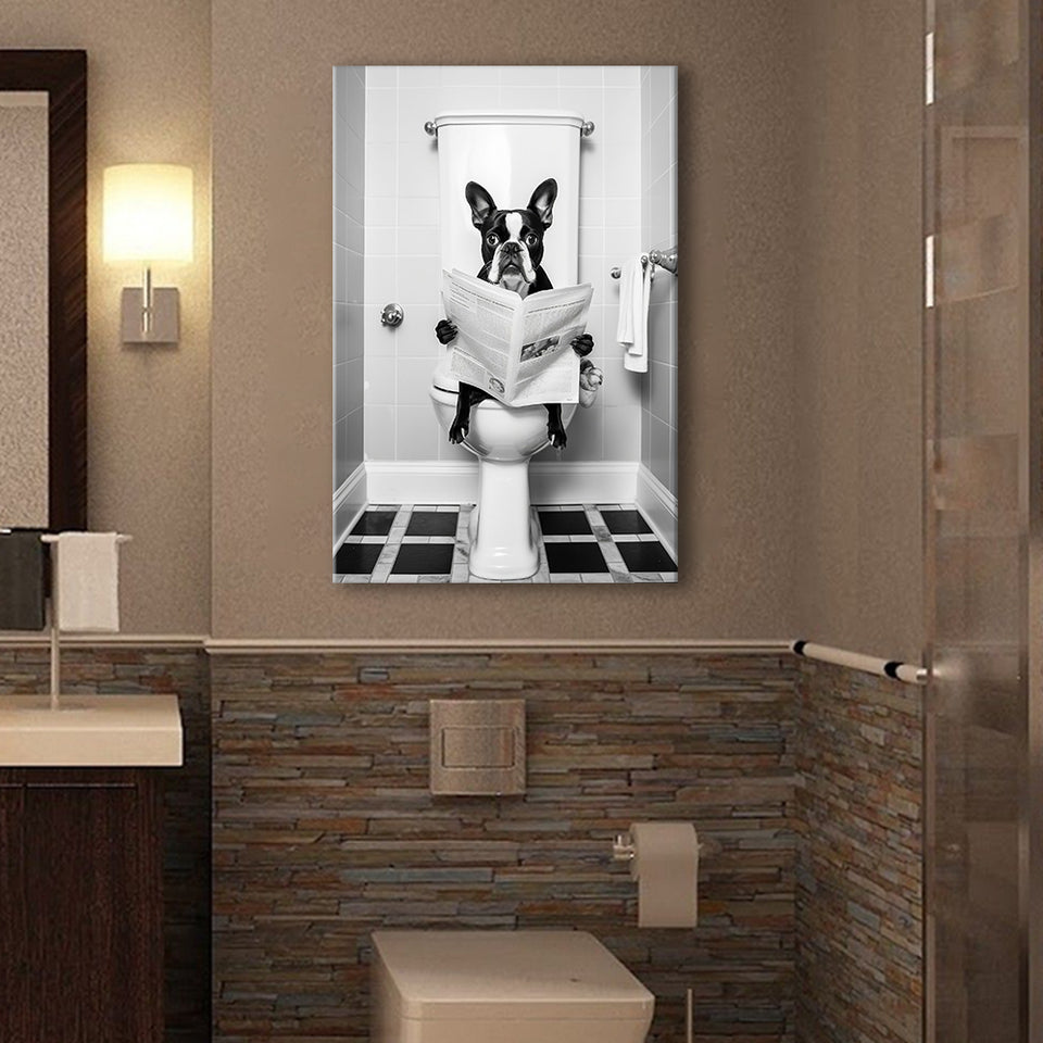 Boston Terrier Canvas Prints Wall Art, Funny Bathroom Decor, Animal in toilet
