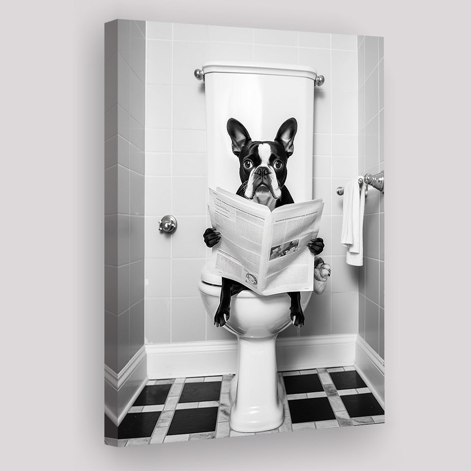 Boston Terrier Canvas Prints Wall Art, Funny Bathroom Decor, Animal in toilet