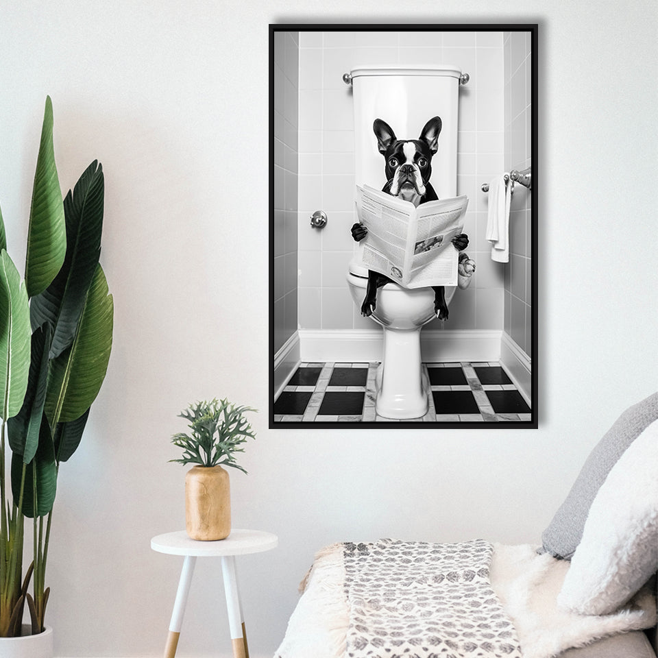 Boston Terrier Framed Canvas Prints Wall Art, Funny Bathroom Decor, Animal In Toilet
