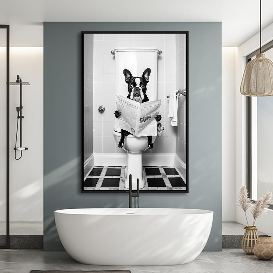 Boston Terrier Framed Canvas Prints Wall Art, Funny Bathroom Decor, Animal In Toilet